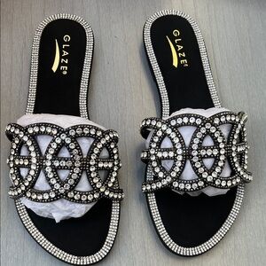 Glaze Black Rhinestone-Embellished Slide Sandals size 7.5 new